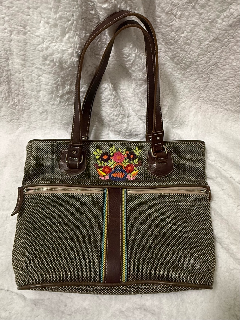 Consuela Embroidered Woven Tote in Brown with Multicolor Floral Interior